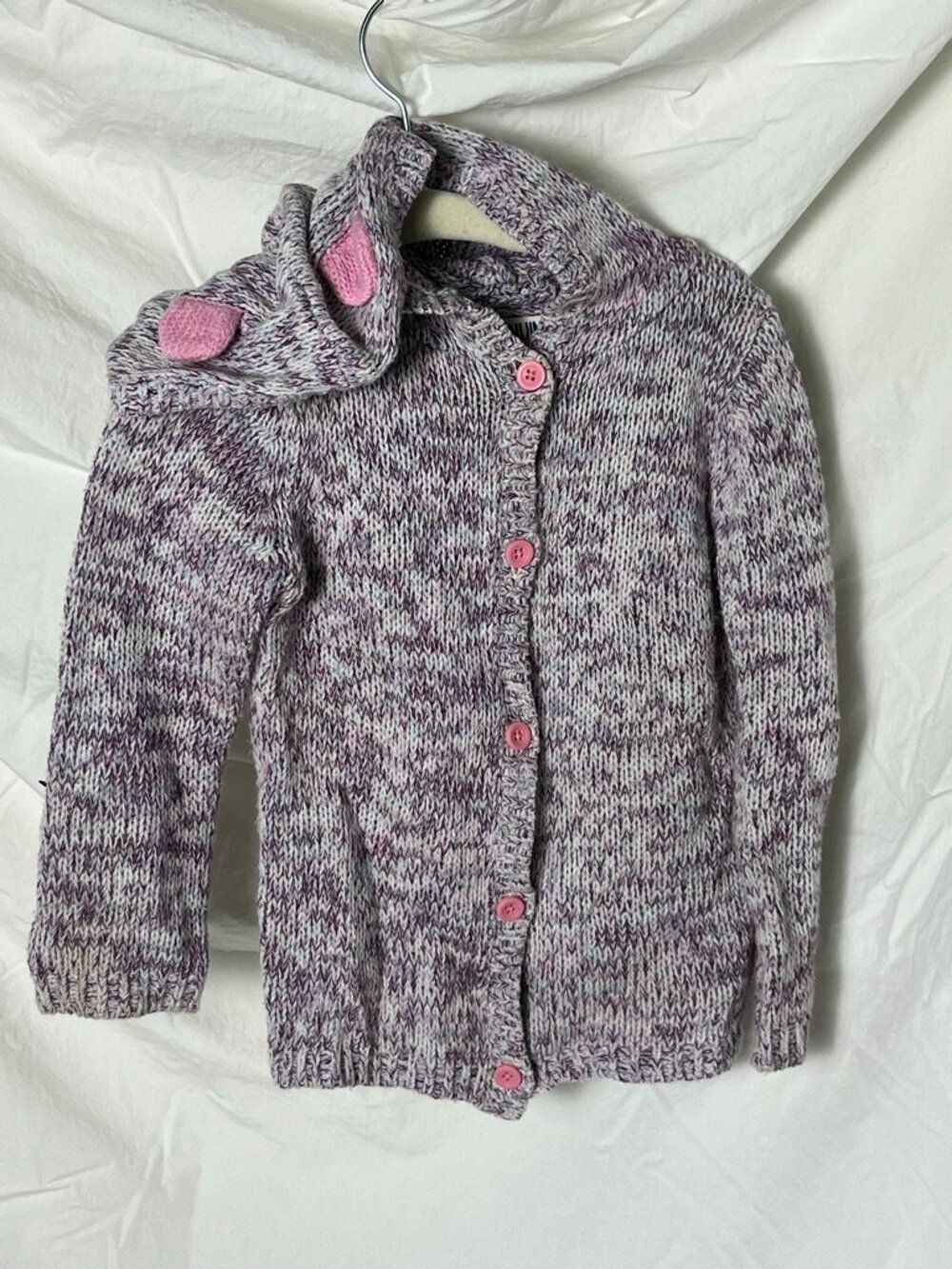 Genuine Kids OshKosh Girls 2T Purple Marled Knit Hooded Cardigan Pink Ears
